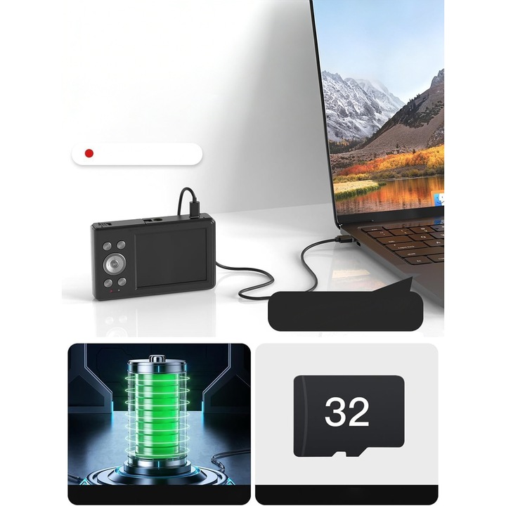 Aparat foto digital portabil / camera compacta 56MP, zoom 16× cu stabilizare, filmare 1080P, card 32GB inclus, Negru, 2 baterii 1000mAh incl.