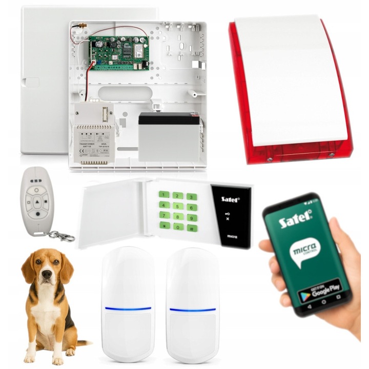 Sistem alarma wireless Satel MICRA, 2 senzori PET, GSM, aplicatie, accesorii