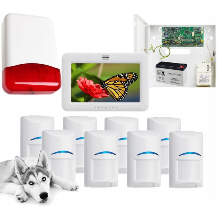 Sistem alarmare cu fir Paradox SPECTRA SP6000, 8 senzori Bosch Pet 20kg, panou tactil alb, sirena optico-acustica Yotogi TI700, cutie de montaj Pulsar AWO220, acumulator 12V 7Ah