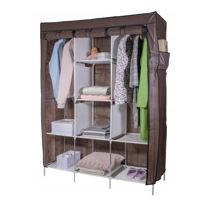 Текстилен гардероб XXL с 8 рафта, 2 закачалки, кафяв цвят, размери 126x160x45см