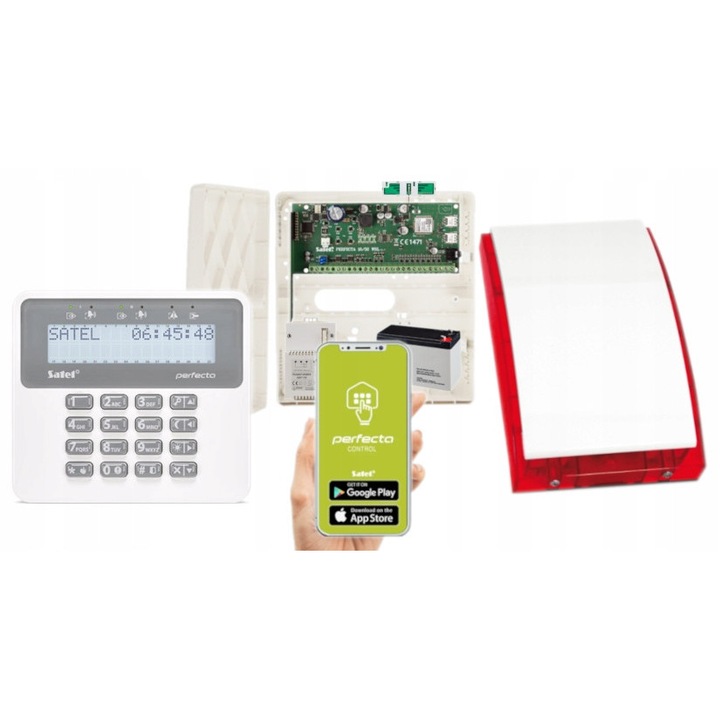 Sistem alarma SATEL Perfecta 32, 32 intrari, 2 zone, aplicatie mobila, rosu, set complet