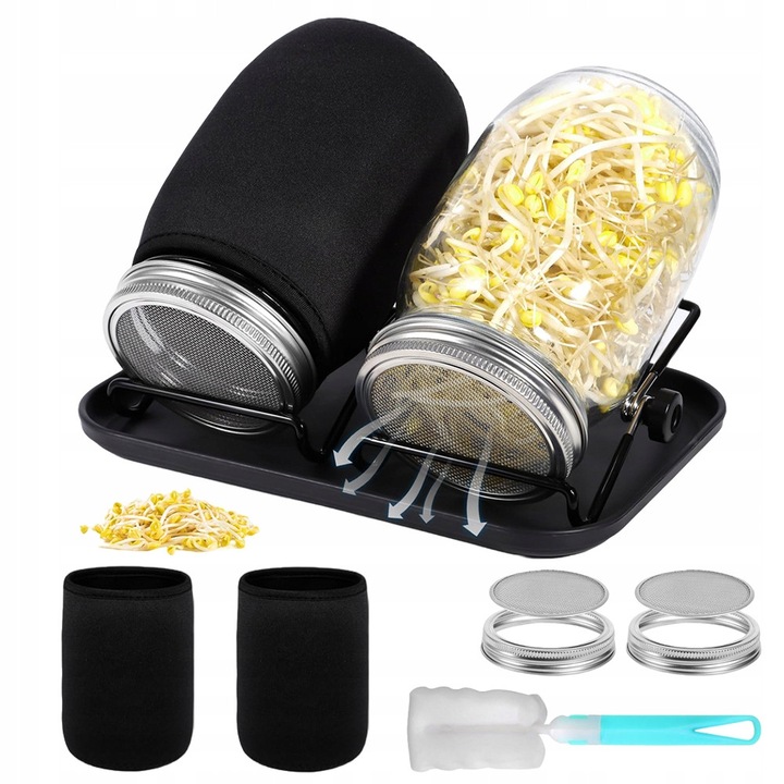 Set germinator sticla 1000ml, capac din otel inoxidabil, suport ajustabil, dimensiuni 16,5x8,5cm