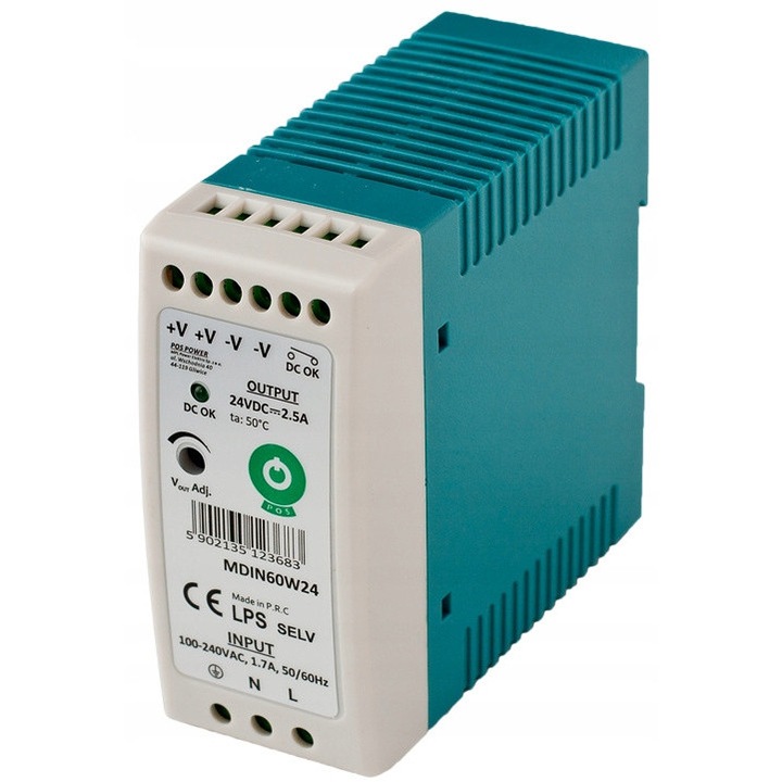 Sursa de alimentare 24V 60W 2.5A DIN pentru tabloul de distributie, centralizata, cu tensiune constanta, in comutatie