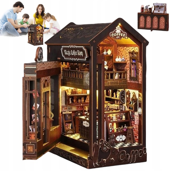 Set de constructie mini cafenea 3D cu LED si suport decorativ pentru carte