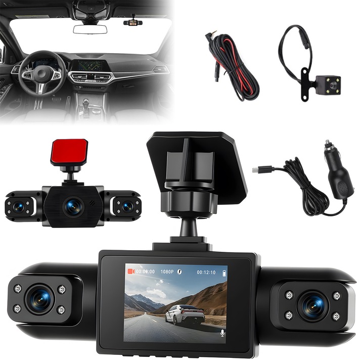 Registrator auto DVR 1080P cu functie de inregistrare, 4 canale