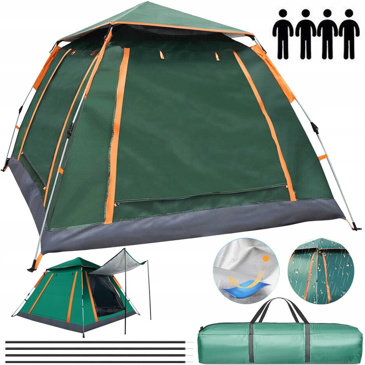 Cort camping, 3-4 persoane, 205x205x145cm, verde, cu moskitiera, set complet