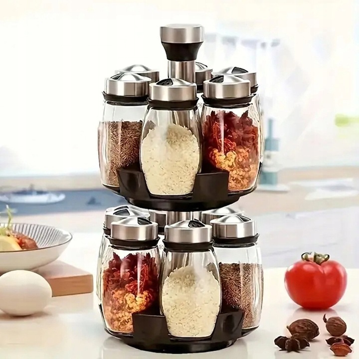 Suport rotativ pentru condimente, 360°, cu 12 borcane, compact