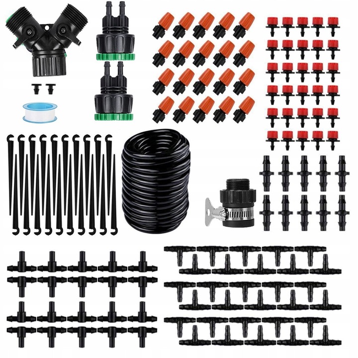 Set sistem de irigare prin picurare, 30m, pentru gradina, accesorii irigare, material plastic, utilizare usoara