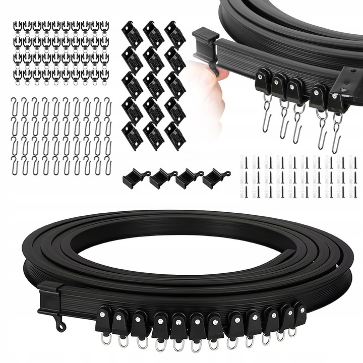Sină de perdea flexibilă și îndoibilă, 5 m, neagră, set complet cu accesorii, pentru perdele de cameră