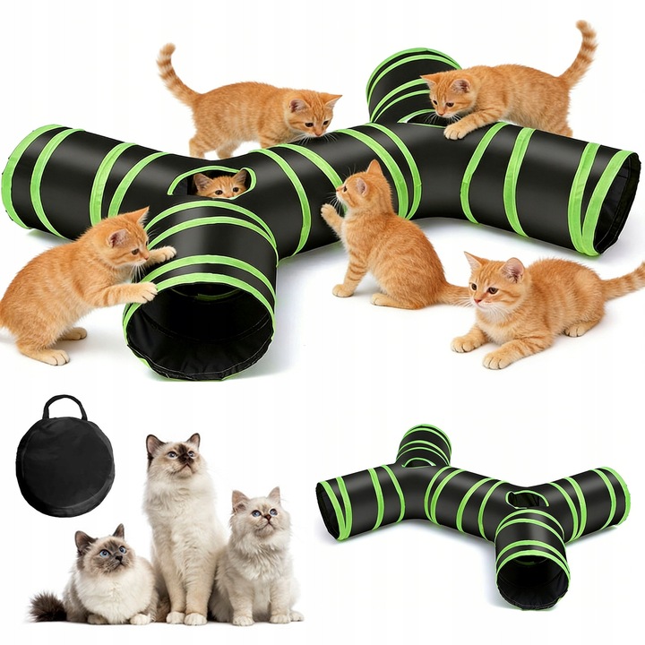 Tunel pentru pisici 4-directii pliabil, cu 2 feronerie de observatie, negru-verde, dimensiuni mari