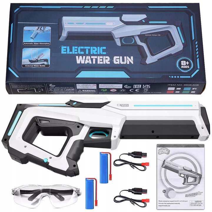 Pistol electric cu apa, 300ml, 8-10m, alb, set cu ochelari si baterii