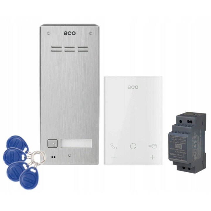 Set interfon ACO cu stație FAM-P-1NPACC, UP800 G2, 4 brelocuri RFID, montaj pe suprafață, alb