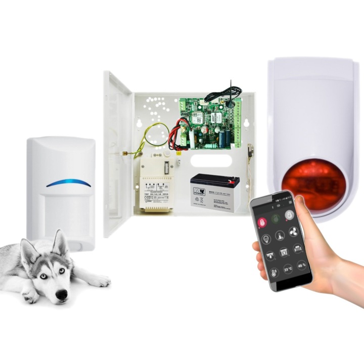 Модул за известяване Ropam BasicGSM-PS 2, комплект с 1 сензор Bosch BPR2-WP12, магнитна антена, оптично-акустична сирена, акумулатор 12V 7Ah