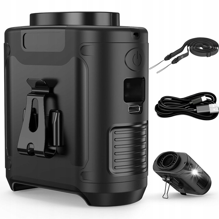 Hordozható ventilátor csipesszel, 5 sebességes, 10000 mAh, fekete, 86x46x98mm, komplett szett