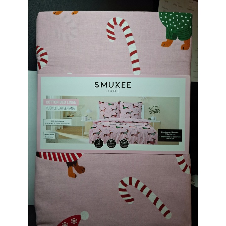 Lenjerie de pat Smukee, set 220x200cm, 2 poshve 70x80cm, roz, model sarbatori