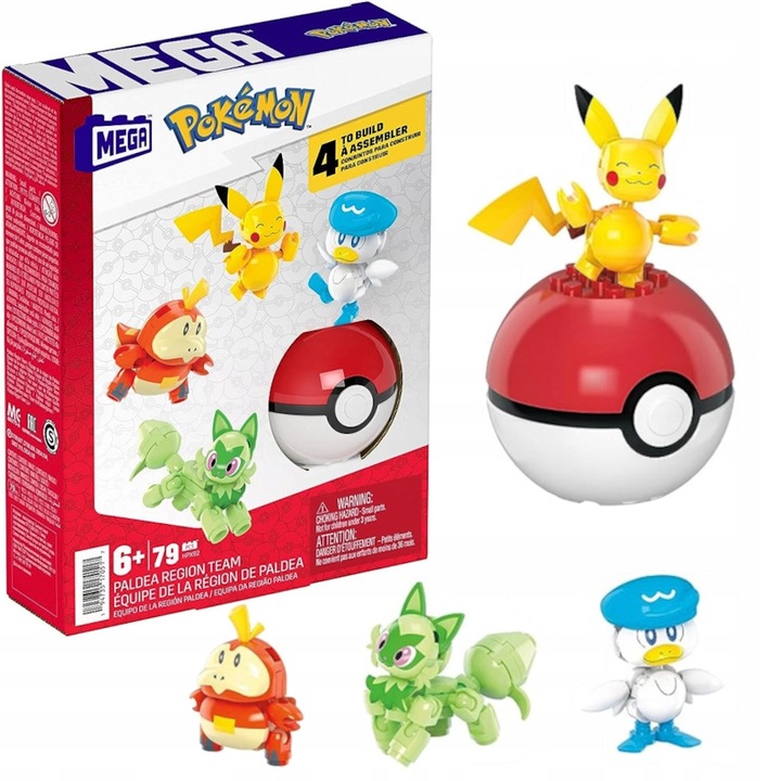 Set de constructie Mega Construx Pokemon Paldea Region Team, 79 piese, Fuecoco, Sprigatito, Quaxly, Pikachu, 5cm