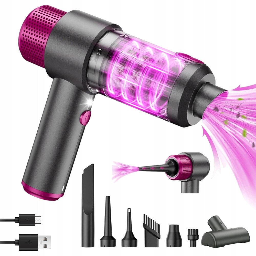 Aspirator manual, 7 duze, motor din cupru, putere de 8000 Pa, gri si roz, set complet