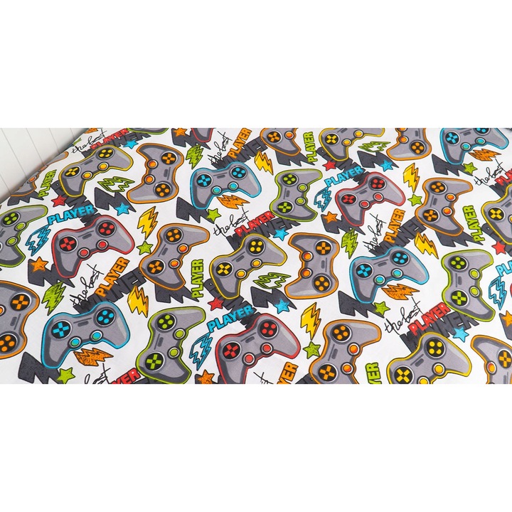 Lenjerie pat 120x180 cm pentru copii, model Pady, 100% bumbac, imprimeu colorat, include husa 50x70 cm