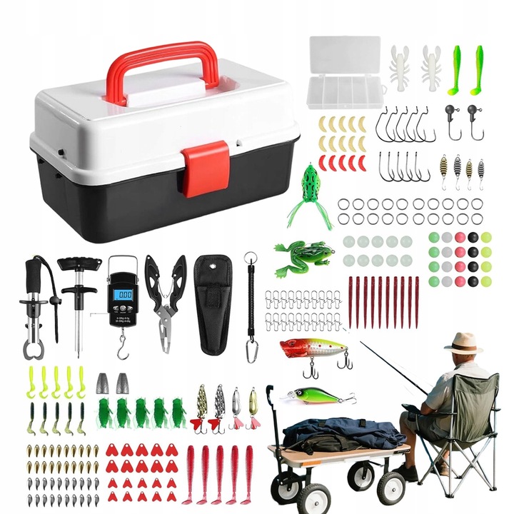 Set complet unelte de pescuit 213 elemente, cutie 3 niveluri