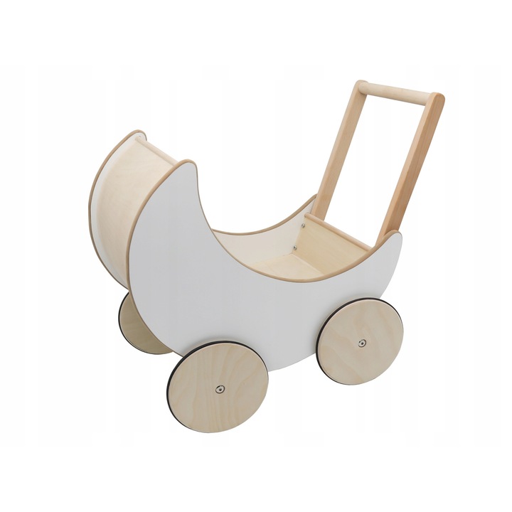 Carucior din lemn pentru papusi, 3 in 1, alb, jucarie