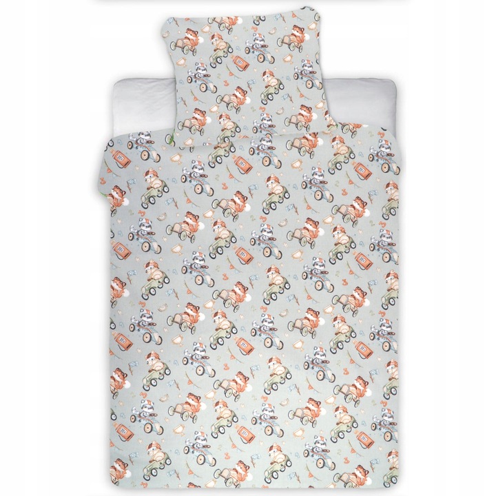 Lenjerie pat 100x160 cm cu animale in masini, 40x60 cm, bumbac 100%