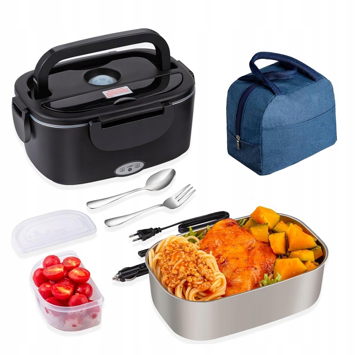 Cutie alimentara electrica BEDEE, 1,5L, 60W, neagra, cu torba izolata si tacamuri, 23x16x10,5cm