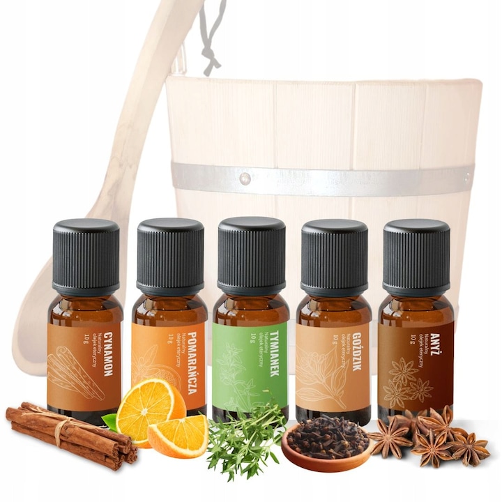 Set de uleiuri esentiale naturale pentru sauna, 5x10g, aroma intensa, relaxare, multicolor