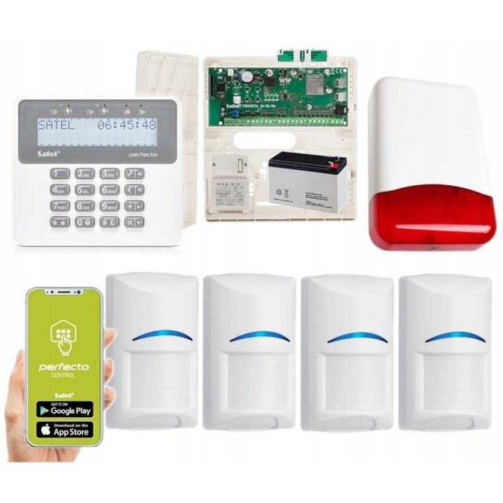 Sistem alarma hibrid Satel Perfecta 64 M, 4 senzori Bosch BPR2-W12, antena LTE, sirena, aplicatie, 12V 7Ah