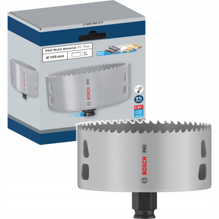 Pila otwornica 105 mm Multi Material Bosch, HSS-Bimetal, montaj prin adapter Power Change Plus, 44x69mm