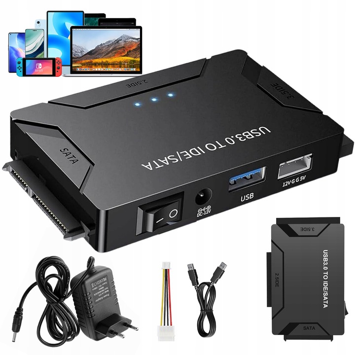 Adaptor extern pentru HDD/SSD SATA si IDE, USB 3.0, capacitate maxima 6TB, culoare neagra, cu cabluri