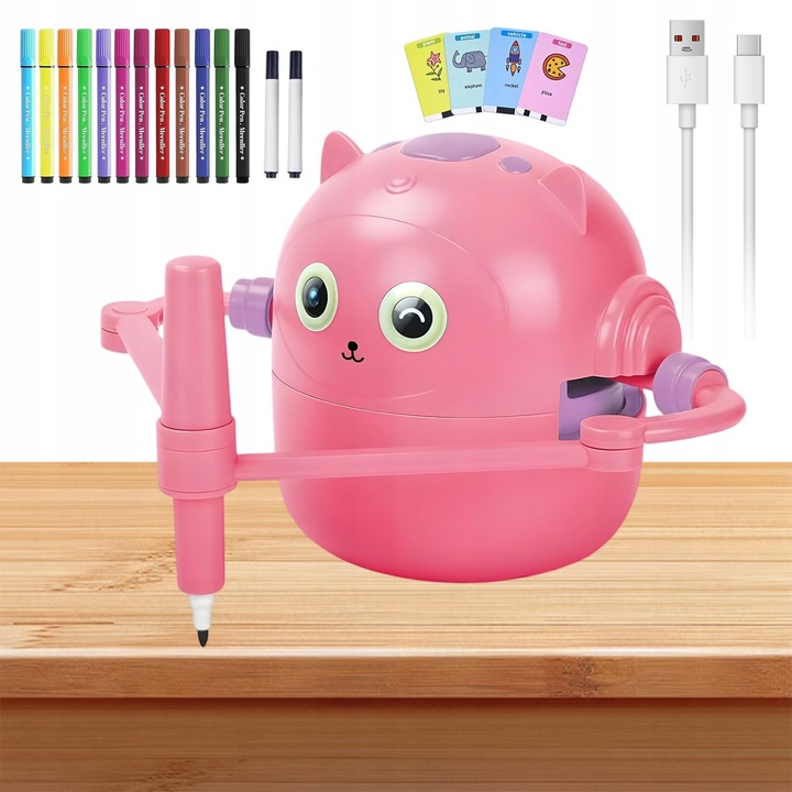 Robot de desenat interactiv pentru copii, jucarie educativa inspirata Montessori, functie invatare prin voce si muzica, 100 carduri cu instructiuni, reincarcabil 1800 mAh, roz, 1 buc