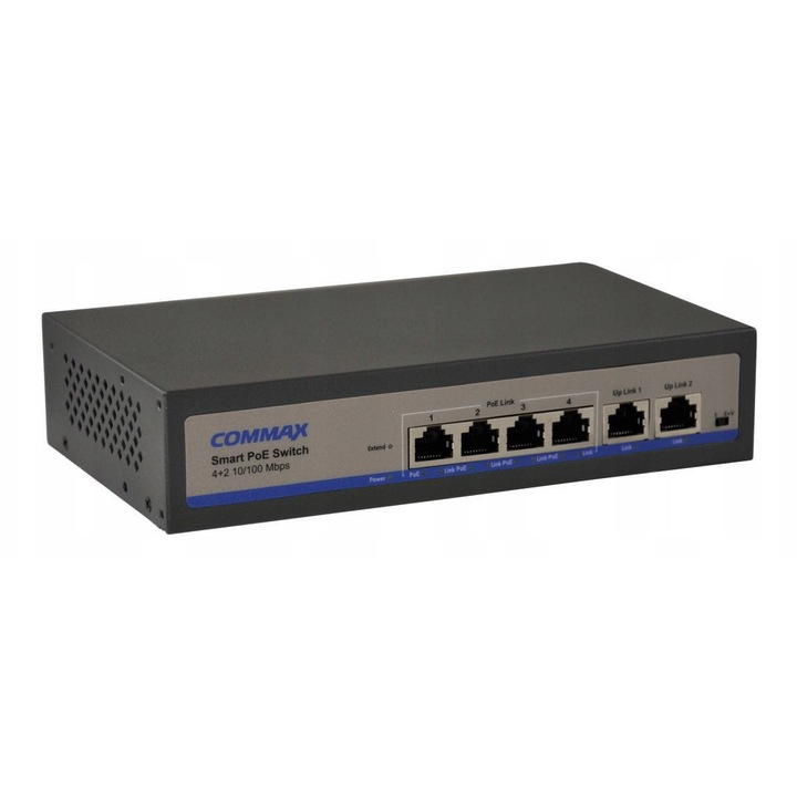 PoE комутатор 6-портов Commax, 4 PoE порта, 2 UPLINK, 200x44x120mm