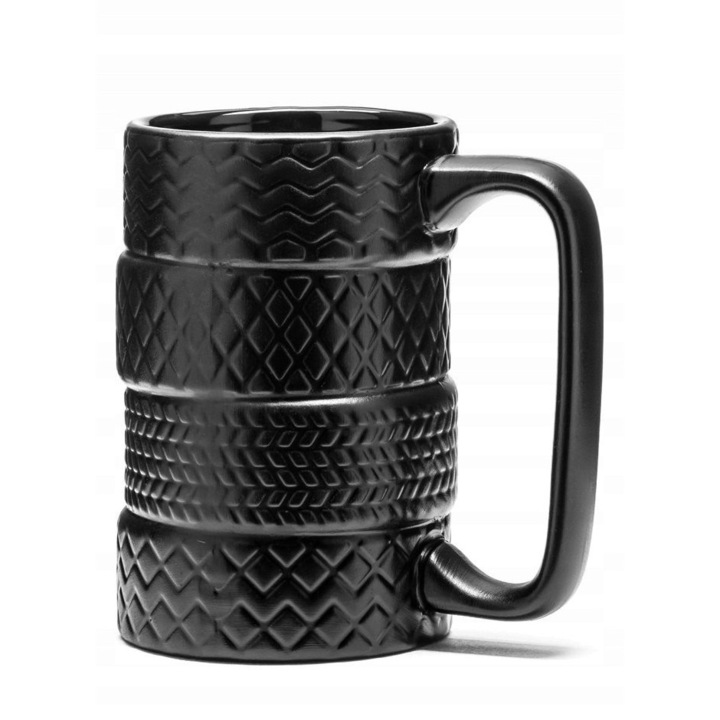 Cana ceramica cu design de anvelope, 450ml, neagra, set pentru pasionati de automobile