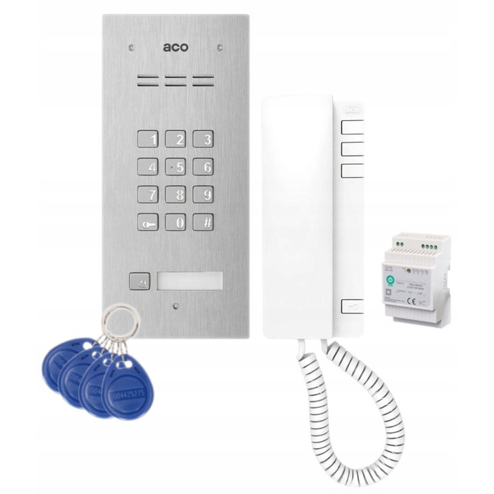 Set interfon ACO FAM-P-1NPZSACC, unifon INS-UP720M, 4 brelocuri RFID, alimentator 15V 2A, alb, dimensiuni 197x90mm