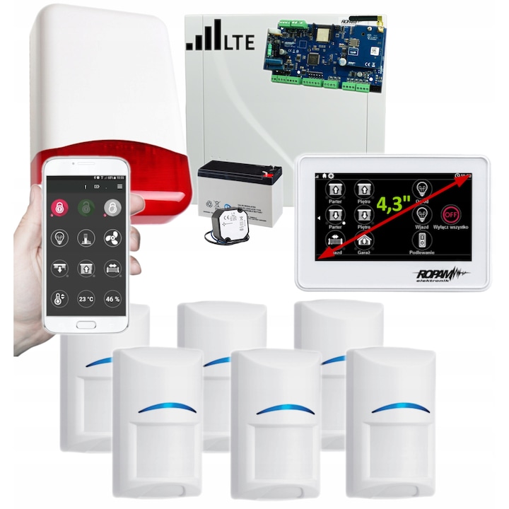 Ropam NeoLTE-IP-PS-SET riasztórendszer, 6 Bosch érzékelő, sziréna, fehér érintőpanel, GSM, WiFi, LTE