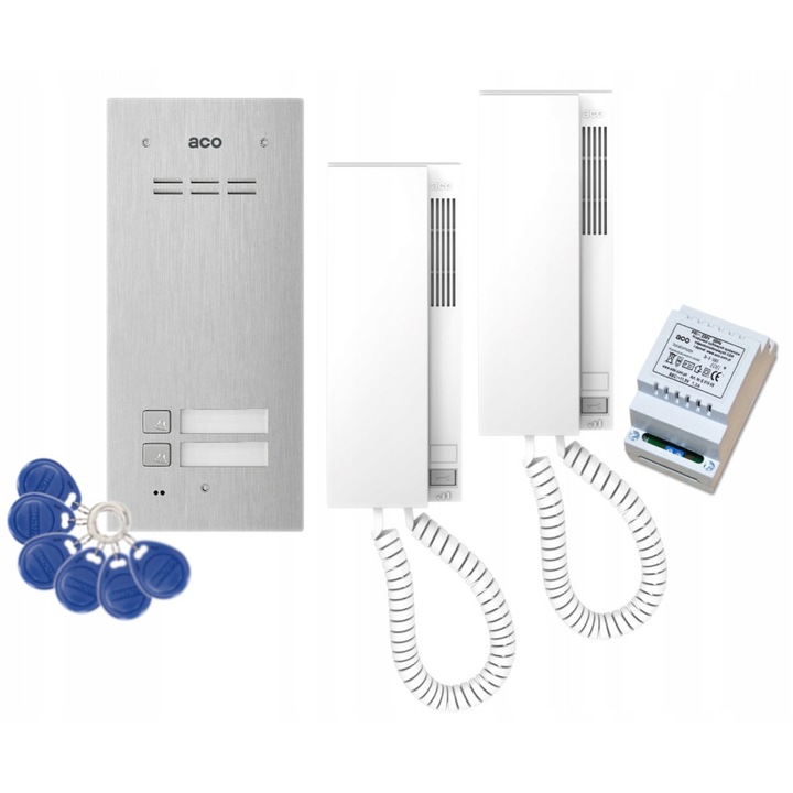 Set interfon 2 familii ACO, FAM-P-2NPACC, 2 telefoane INS-UP720B, transformator 11,5V, 6 brelocuri RFID