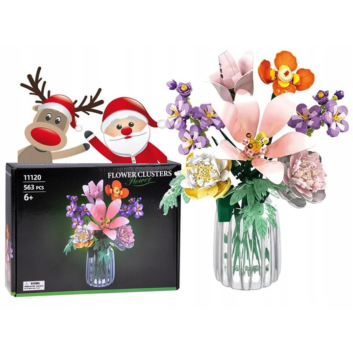 Set de constructie flori, 563 elemente, lalele roz, eustoma, maci, multicolor