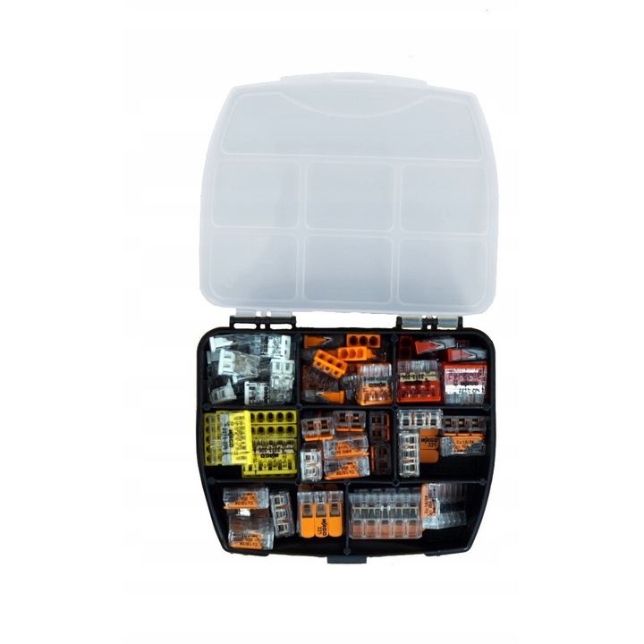 Set 83 conectori WAGO, diverse tipuri, transparent, pentru instalatori, electricieni, 20x20x10cm