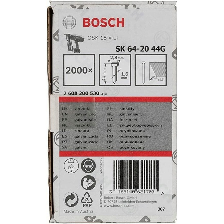 SK64-20 G Bosch szegek, 44mm, 2000 darab, horganyzott