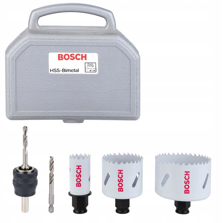 Set 3 pil otvornice Progressor pentru lemn si metal Bosch, 25-68 mm, cu adaptor Power Change Plus, 2 burghie HSS, valiza din plastic