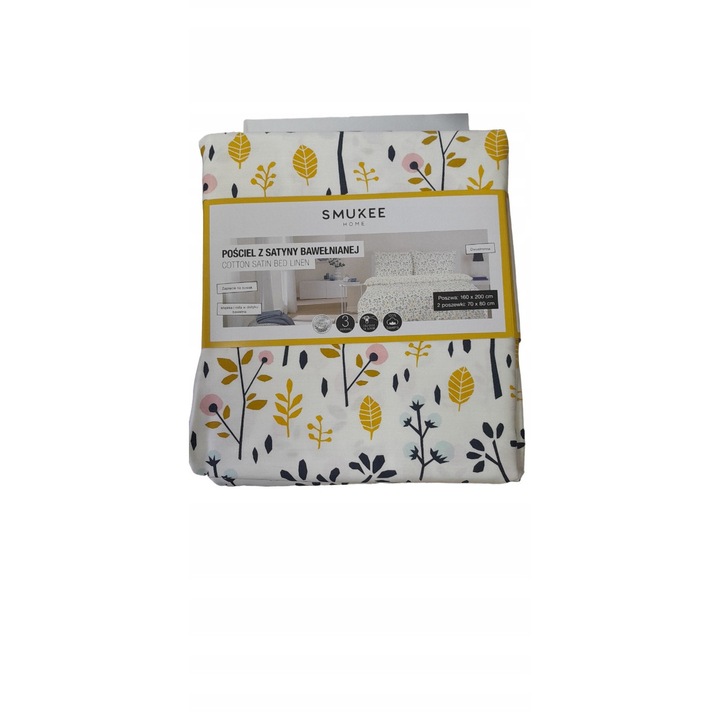 Lenjerie de pat Smukee, satinat bumbac, 160x200cm + 2x70x80cm, model floral, hipoalergenica