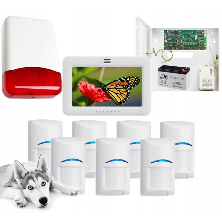 Sistem alarmare cu fir Paradox SPECTRA SP6000, 7 senzori Bosch Pet, manipulator dotyk, sirena optico-acustica, cutie de montaj, acumulator 12V 7Ah