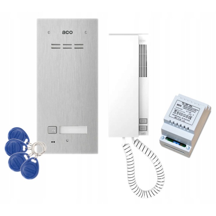 Set interfon ACO, statieFAM-P-1NPACC, unifon INS-UP720M, transformator 11,5V, 4 brelocuri, montaj subteran