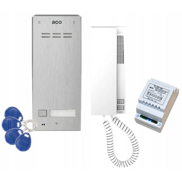 Set interfon ACO FAM-P-1NPACC NT, unifon INS-UP720M, transformator 11,5V, 4 brelocuri, alb