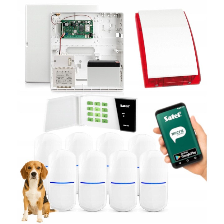 Sistem de alarma Satel MICRA, set complet, 8 senzori MPD-310 Pet, sirena externa, wireless, 266x286x100mm