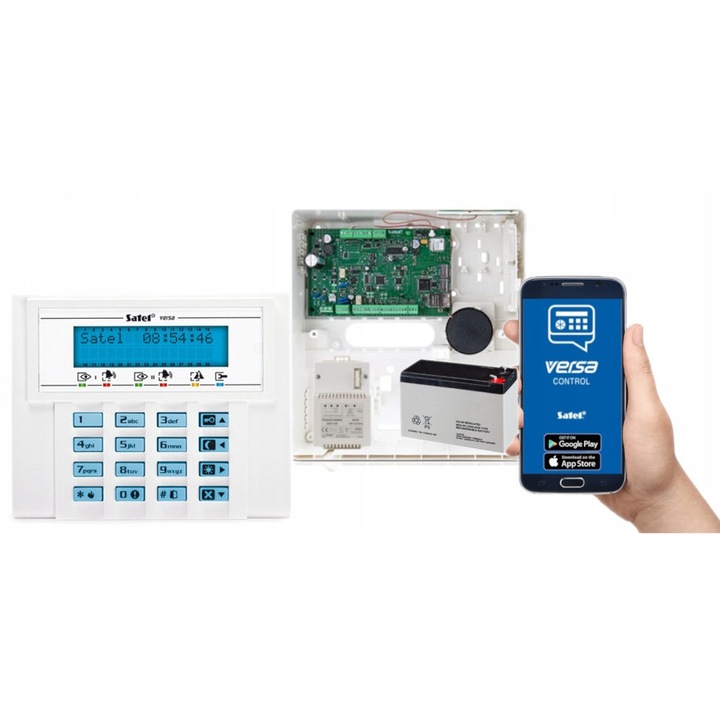 Sistem alarma Satel VERSA Plus, set complet, manipulator LCD, antena LTE, acumulator 12V 7Ah, dimensiuni 266x286x100mm