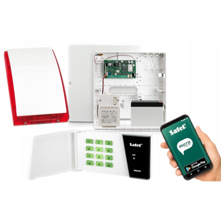 Алармен комплект Satel MICRA, GSM/GPRS модул, 4 входа, 2 изхода, червен, размери 266x286x100мм