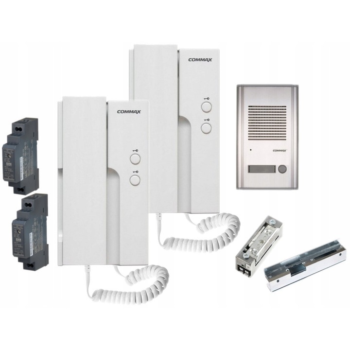 Set interfon Commax cu 2 telefoane DP-2HPR(DC) 12VDC, statie DR-201A, 2 surse de alimentare HDR-15-12, electrozapa R4-12.10