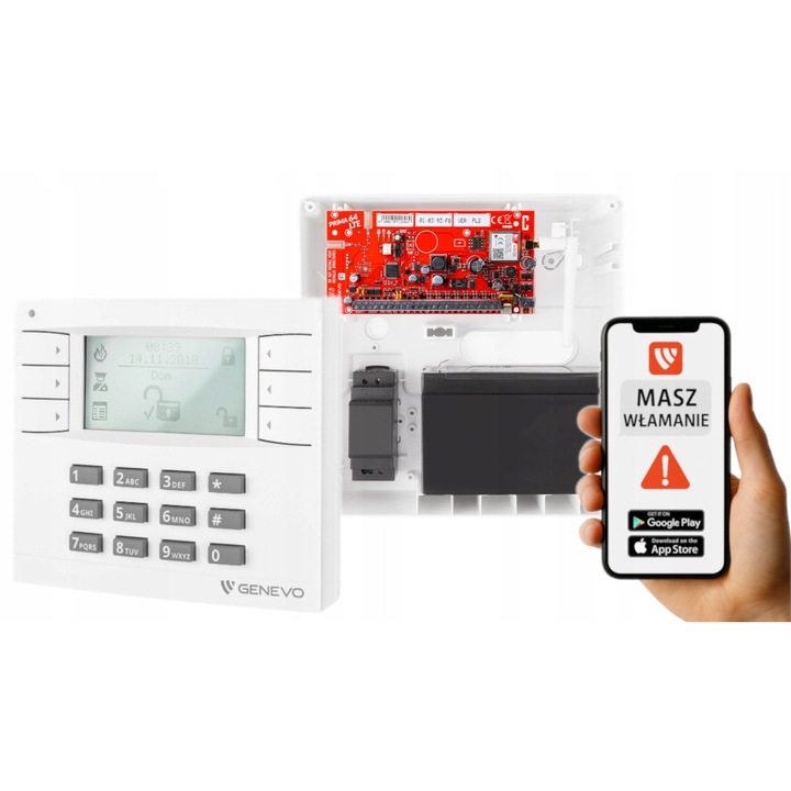Sistem alarma Genevo PRiMA64LTE, manipulator LCD alb, 64 intrari, 4 zone, set complet