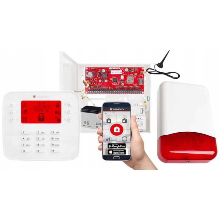 Sistem alarma Genevo PRiMA64Q, set complet, 64 intrari, comunicare GSM, manipulator LCD, sirena externa, carcasa metalica